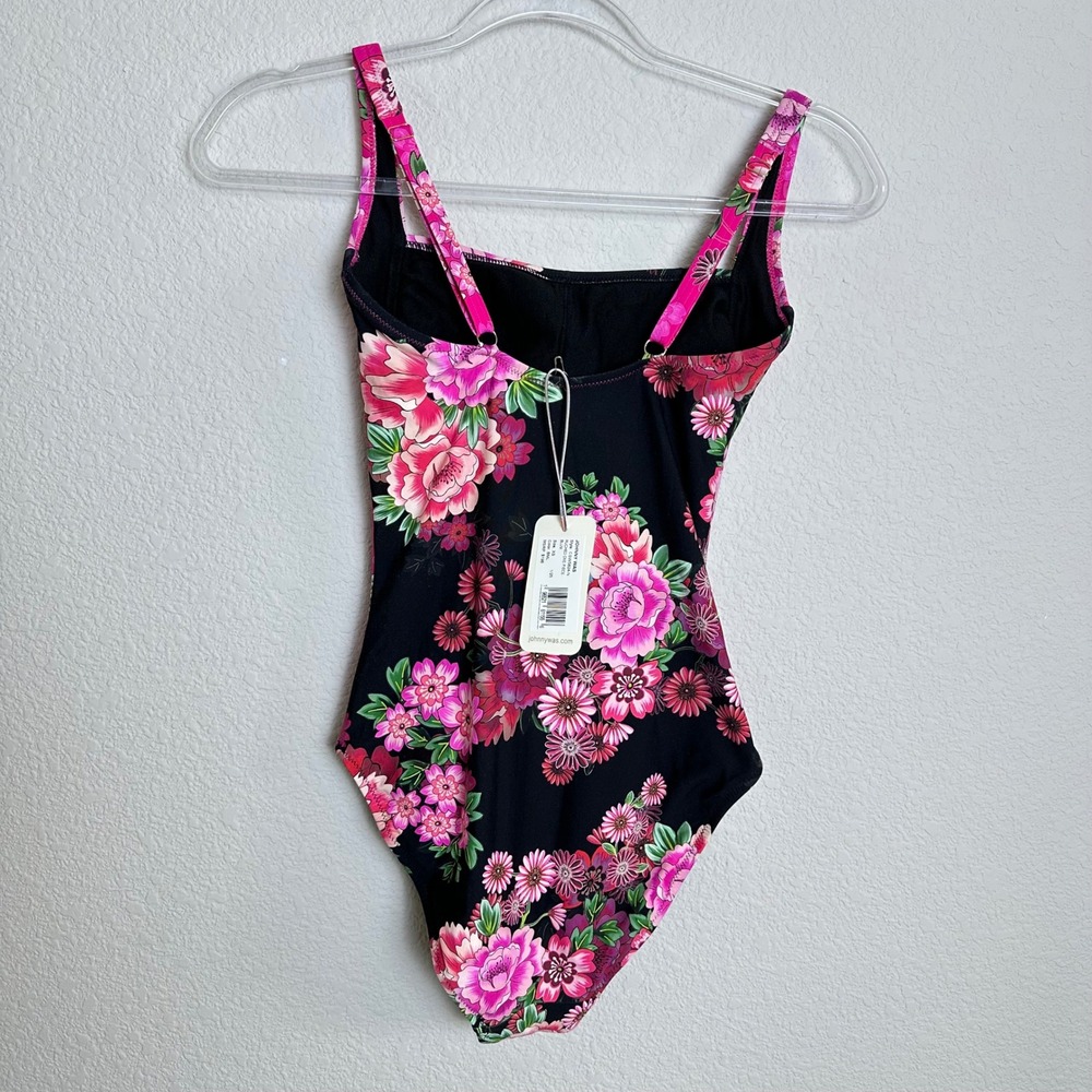 Johnny Was Blum Ruched One Piece Swimsuit Floral Black Pink CSW5824-N Mens XS - Picture 4 of 9
